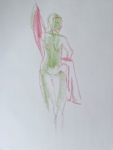 pastel drawing of a woman with a green body and red cloth.